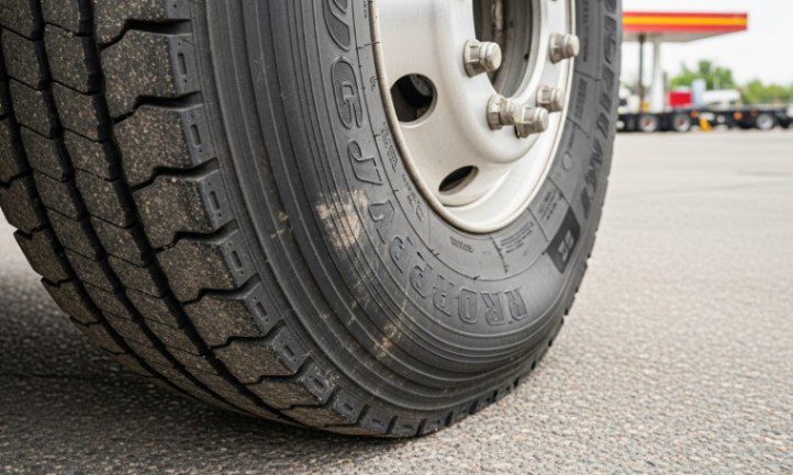 A close-up view of a truck tire resting on a paved road, showcasing the tread and surface details