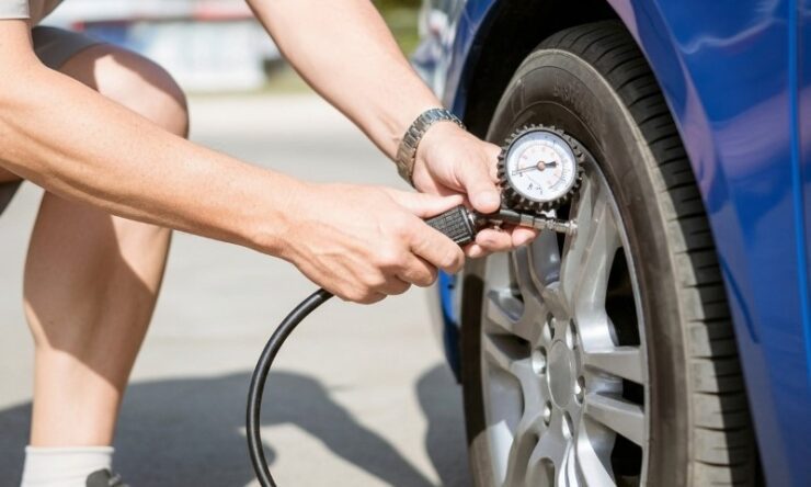 Close-up of a tire pressure gauge reading being taken near a silver alloy wheel